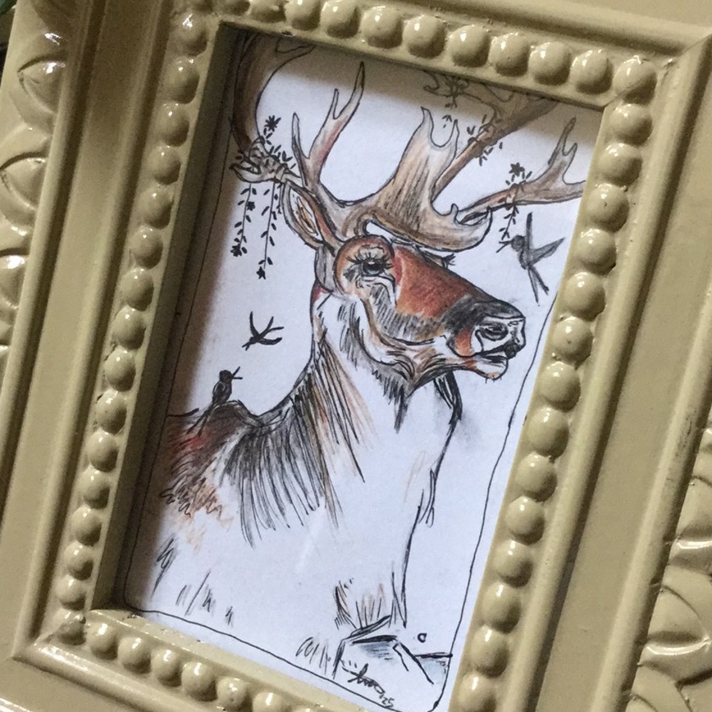 Botanical forest caribou artisan ORIGINAL colored pencil/ink drawing🦌🌿